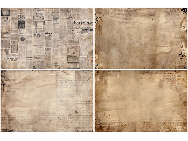 May include: Four different textures of aged paper, each with a unique pattern of wrinkles, creases, and faded ink. The top left image shows a newspaper with text and advertisements. The top right image shows a plain, aged paper with a crack running through it. The bottom left image shows a crumpled piece of paper with a faded background. The bottom right image shows a plain, aged paper with a faded background.