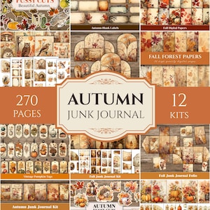 Fall Junk Journal Kit Autumn Junk Journal Ephemera Bundle Printable Tags Pumpkin Orange Forest Craft Supplies Scrapbook Digital Paper