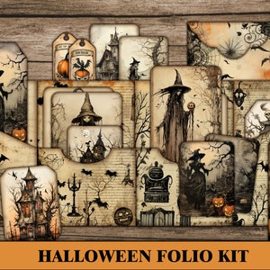 Halloween Junk Journal Folio Kit, Junk Journal Tab, Kit numérique imprimable Halloween, Spooky, Scrapbook Halloween Ephemera, Foncé, Orange