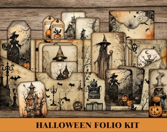 Halloween Junk Journal Folio Kit, Junk Journal Tab, Halloween Printable Digital Kit, Spooky, Scrapbook Halloween Ephemera, Dark, Orange