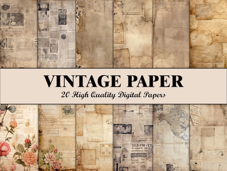 May include: A set of 20 digital papers featuring vintage textures and designs. The papers have a distressed, aged look with faded text, maps, and floral patterns.  The papers are perfect for scrapbooking, card making, and other crafting projects.