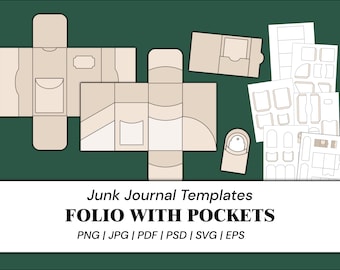 May include: A printable template for a junk journal folio with pockets. The template includes a variety of pockets and flaps, and is designed to be cut out and assembled. The template is available in PNG, JPG, PDF, PSD, SVG, and EPS formats.