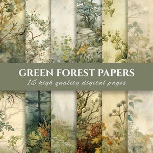 Può includere: Una collezione di 16 carte digitali che presentano varie scene forestali con fogliame verde, alberi, fiori selvatici e bacche. Il testo "GREEN FOREST PAPERS 16 high quality digital pages" è sovrapposto al centro su una barra verde.