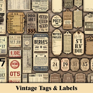 Junk Journal Tags & Labels | Number Tags Printable Scrapbooking Tags Digital Grungy Junk Journal Kit, Vintage Tags, Tickets, Ephemera Bundle