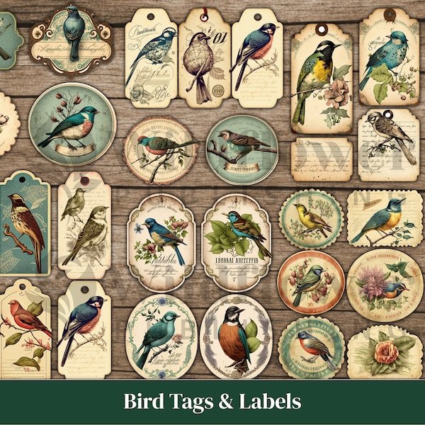 Bird Junk Journal Tags, Junk Journal Labels, Fussy Cut Birds, Bird Ephemera Bundle, Printable Junk Journal Tags Digital Junk Journal Kit