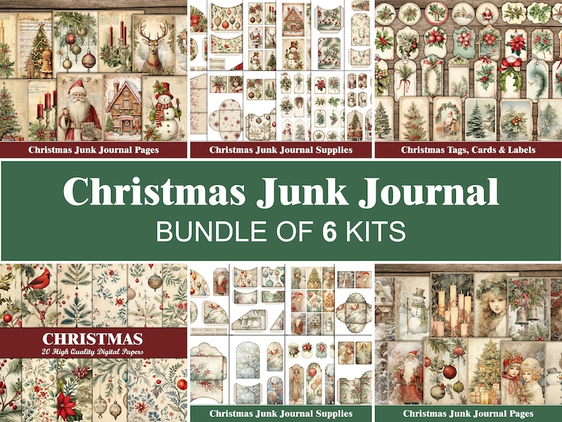 Etsy listing example showing a six-kit Christmas junk journal bundle