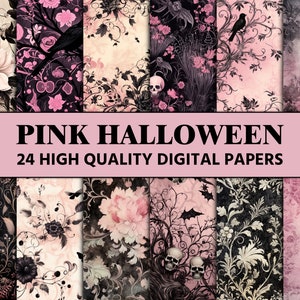 May include: A set of 24 digital papers featuring a pink and black Halloween theme. The papers feature floral patterns, skulls, bats, and ravens.