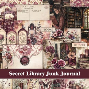 Forniture per diario spazzatura grunge Libri della biblioteca segreta Stampabili effimeri Stampabili per album vintage floreali con rose bordeaux vittoriane scure