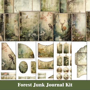 Kit diario spazzatura della foresta, pagine del diario spazzatura del bosco, tag, etichette, effimeri della foresta botanica, verde, forniture per diario spazzatura verde