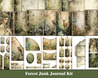 Forest Junk Journal Kit, Woodland Junk Journal Pages, Tags, Étiquettes, Éphémères de la forêt botanique, Verdure, Green Junk Journal Supplies