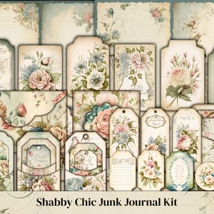 Kit diario spazzatura shabby chic, etichette floreali per diario spazzatura, tasche, etichette, inserti, pagine, effimeri, rosa, diario spazzatura rosa, pacchetto effimeri