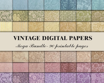 Vintage Colorful Scrapbook Paper Blue Neutral Coffee Yellow Green Pink Purple Floral Pattern Junk Journal Pages Printable Digital Papers