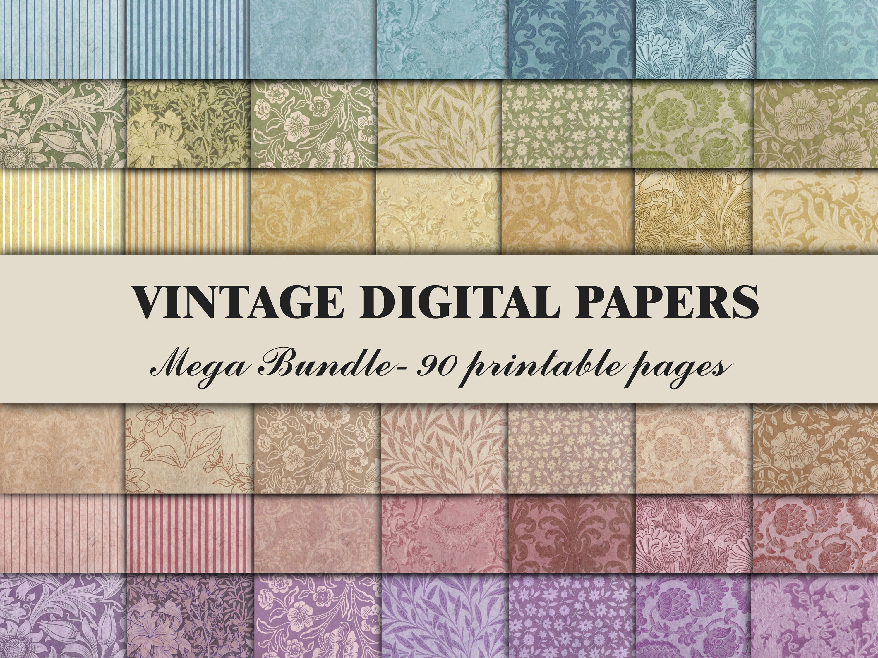 Vintage Colorful Scrapbook Paper Blue Neutral Coffee Yellow Green Pink Purple Floral Pattern Junk Journal Pages Printable Digital Papers