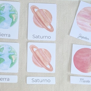 Spanish Solar System planets, 3 Part Cards, watercolor planets Montessori, Planetas del Sistema Solar, Cartas de 3 partes