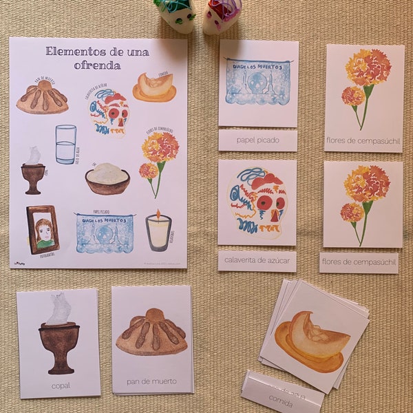 Spaanse dag van de doden, 3 deelkaarten, Montessori, Cartas de 3 partes, día de muertos