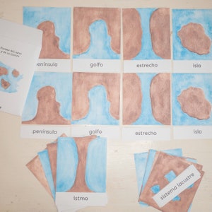 Spanish Landform 3 Part Cards, Montessori, Homeschool, Land and water forms, geography