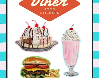 Retro Diner Essen Aufkleber. wasserfest, vinyl Aufkleber, reißfest, langlebig, Gemälde Aufkleber, Milchshake, Burger, Bananensplit