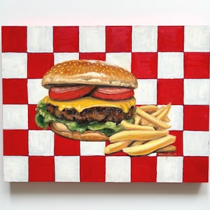 Burger and Fries Oil Painting. original painting, 50’s aesthetic art, food painting, fake food art, diner art, fast food art.