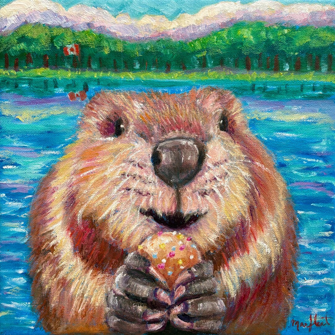 Timbit Art Beaver Holding a Timbit. Original Painting. Oil Painting, Impressionism ...