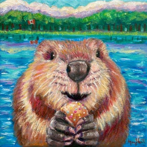 Beaver holding a Timbit. Original Painting. oil painting, impressionism, Canadian painting, funny art, one of a kind, canadiana.