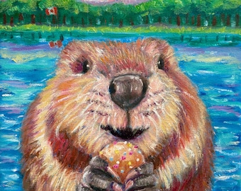 Biber hält eine Timbit. Original-Gemälde. Ölgemälde, Impressionismus, kanadische Malerei, lustige Kunst, einzigartig, canadiana.