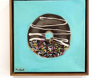 Original Donut Ölgemälde. Gerahmt. bestreute Donuts, schokoglasierte Donuts, realistische Küche, realistische Lebensmittel Malerei, Dessert Malerei.