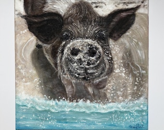 Schwimmendes Schwein Originalgemälde. Ölgemälde, Exuma Bahamas, Tierkunst, Schweinemalerei, Stranddekor, Bahamas Kunst, Strandmalerei, Wildschweine.