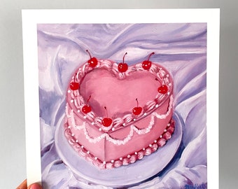 Vintage Kirschtorte Kunstdrucke. Herz Kuchen Malerei, 50er Jahre ästhetische Kunst, süße Desserts, Desserts, Food Painting, Kokette, Dessert