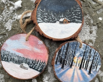 Handbemalte Holzscheiben. Weihnachtsschmuck, Winterlandschaft, Winterszene, handgemachtes Geschenk.