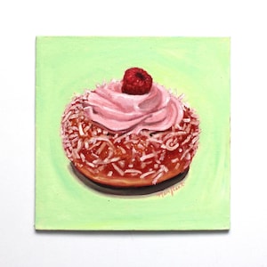 Raspberry Coconut Donut Oil Painting. original artwork, food painting, realism, kitchen decor, food artist, doughnut painting, Canadian art.