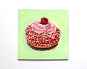 Himbeer Kokosnuss Donut Ölgemälde. Original-Kunstwerk, Food Malerei, Realismus, Küchendeko, Food Künstler, Donut, kanadische Kunst.