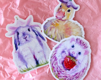 Gartentiere Sticker. Vinyl Aufkleber, Aufkleber, Hase, Entchen, Igel Aufkleber, Cottage Kern, Kokettenaufkleber, Ölgemälde.