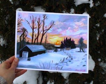 Winter Sonnenuntergang Landschaft Kunstdruck. Ölbild Druck, Impressionismus, kanadischer Künstler, kleiner Kunstdruck.
