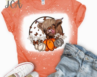 Highland Cow Bleached Shirt, Highland Cow Shirt, Fall Shirt, Bleached Fall Shirt For Her, Women's Fall T-shirt, Pumpkin Fall Shirt