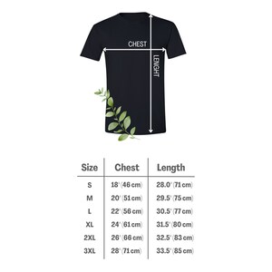 May include: Black t-shirt with size chart. The chart shows chest measurements from 18 inches (46 cm) to 28 inches (71 cm) and lengths from 28 inches (71 cm) to 33.5 inches (85 cm).