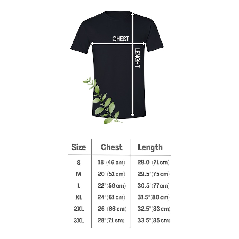 May include: Black t-shirt with size chart. The chart shows chest measurements from 18 inches (46 cm) to 28 inches (71 cm) and lengths from 28 inches (71 cm) to 33.5 inches (85 cm).