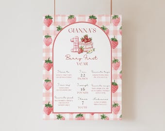Berry First Birthday Milestone Board, Strawberry First Party Sign (Editable Canva Template)