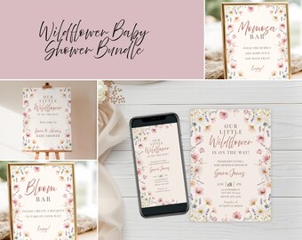 Wildflower Baby Shower Bundle, Editable Canva Invitation Set, Floral Girl Shower Decor