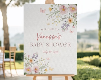 Baby in Bloom Willkommensschild-Vorlage, Schmetterling-Babyparty-Willkommensplakat, rosa Wildblumen-Babyschild, Mädchen-Blumen-Babyparty-Willkommensschild