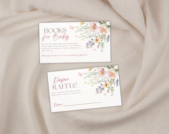Baby in Bloom Diaper Raffle and Books for Baby Set, Pink Floral Baby Shower Inserts, Wildflower Book Request Card, Instant Download PDF