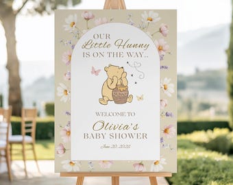 Floral Winnie the Pooh Baby Shower Welcome Sign Template, Our Little Hunny Is On The Way, Canva Welcome Sign, Pooh Baby Shower Decor