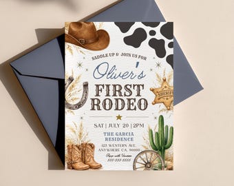 First Rodeo Birthday Invitation Template, Cowboy 1st Birthday Invite, Western First Birthday, Editable Canva Invite, Boy Rodeo Party