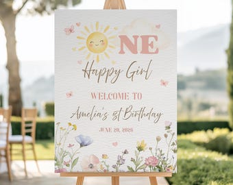 One Happy Girl 1st Birthday Welcome Sign, Boho Sunshine 1st Birthday Poster, Girl First Birthday Decor, Printable Template Canva, Digital