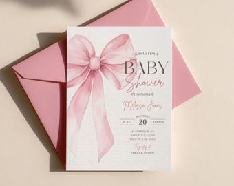 Pink Bow Baby Shower Invitation Template Printable, Girl Baby Shower Invite, Pink Coquette Baby Shower Invite, Canva Template