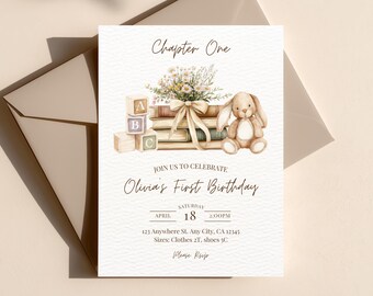Chapter One First Birthday Invitation Template, Storybook Theme Party, 1st Birthday Neutral book theme printable invite, Canva Template