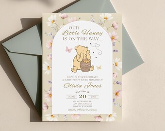 Winnie the Pooh Baby Shower Invitation Template, Our Little Hunny Is on the Way Baby Shower, Editable Canva Invite, Floral Pooh Invitation