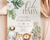 Safari Baby Shower Invitation, Editable Jungle Animals Invite, Soft Watercolor Safari Theme, Oh Baby Invite Template, Gender Neutral Jungle