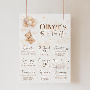 May include: A beige poster with the text "Oliver's Beary First Year" and a teddy bear holding balloons. The poster includes information about the child's height, weight, favorite toys, and nicknames. The child is 22 inches tall and weighs 16 pounds.