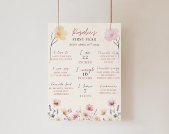 Wildflower First Birthday Milestone Board, Editable Boho Garden Party Sign (Digital Download)