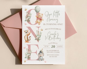 Girl Winnie the Pooh First Birthday Invitation Template, Our Little Hunny Is Turning One, Floral Storybook Birthday Theme, Digital Download